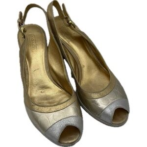 COACH Metallic Gold and Silver Peep Toe Wedge Heels Size 7